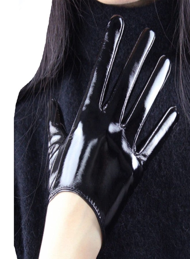 DooWay Black Latex Women Short Gloves 6" 16cm Shine PU Leather Faux Patent Everyday Fashion Warm Gloves - Image 1